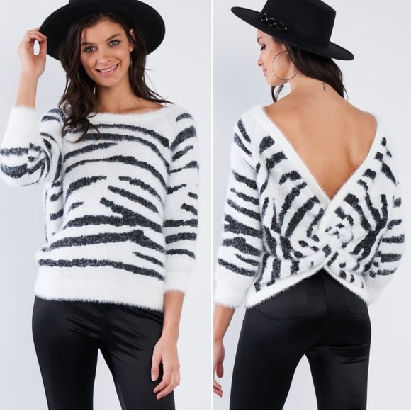 Zebra Open V-Neck Back Roll Knot Chic Sweater - Picture 1 of 8